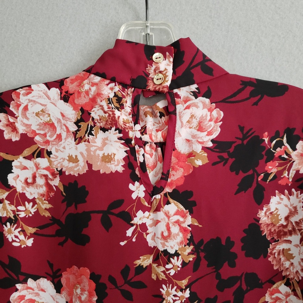 CURE. Womens M Blouse Burgundy Floral Tie Neck Long Sleeve Career Top M4-2924 - Picture 7 of 13